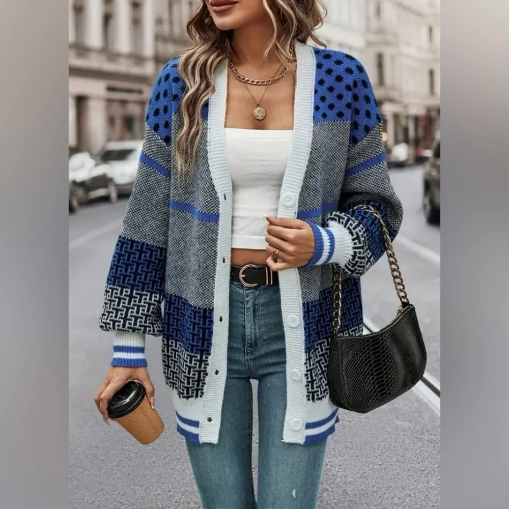 Color Block Geo Print Knit Cardigan Long Sleeve Button Front. Size: Various - Picture 4 of 7